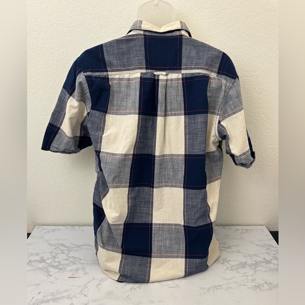 Lindbergh Men's Short Sleeve Button Shirt BLue Plaid XL Blue Beige Pocket​ - Picture 3 of 4